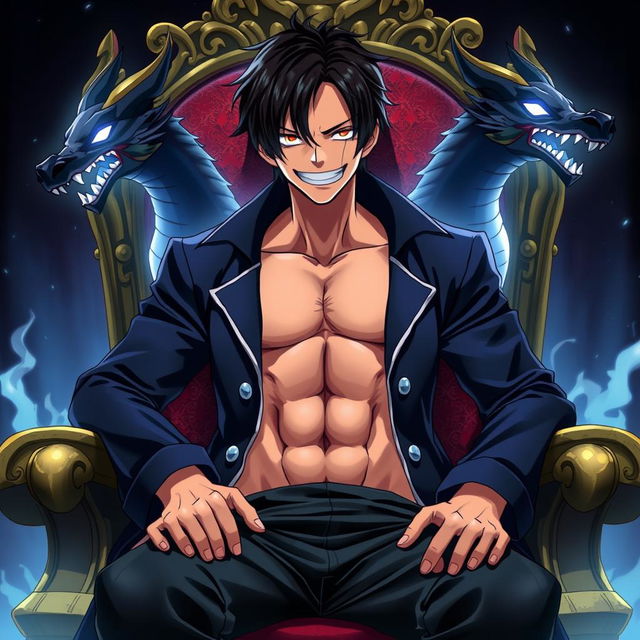 An anime character inspired by the One Piece art style, sitting on a king's throne