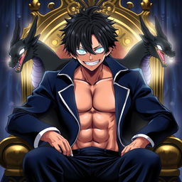 An anime character inspired by the One Piece art style, sitting on a king's throne