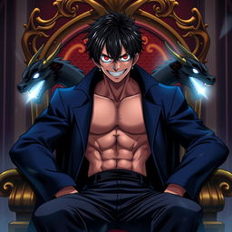 An anime character inspired by the One Piece art style, sitting on a king's throne