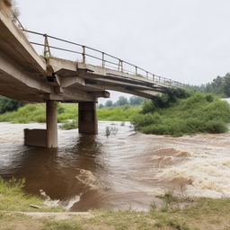 A two-lane bridge over a river, broken and partially washed away by a powerful flood; the design elements hailing from the contextual setting shown in the given link.