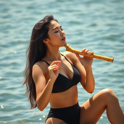 A full picture of a woman wearing a black swimsuit, playing a bamboo flute with her eyes closed