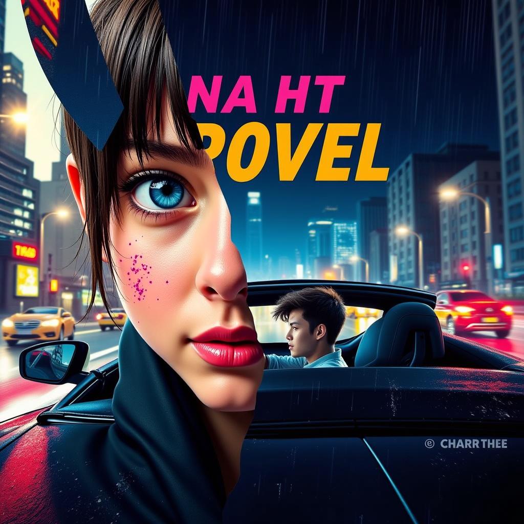 A dynamic urban scene depicting a girl confidently driving a stylish convertible car at night