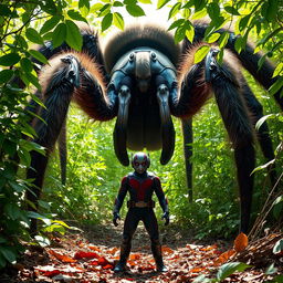Ant-Man, in his iconic suit, is shrunk down to the size of an ant, standing boldly in front of a towering tarantula within a dense underbrush