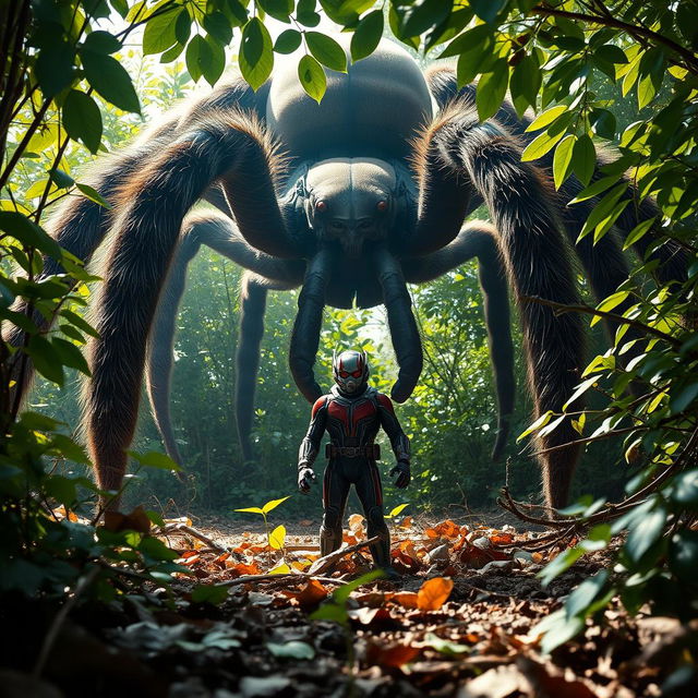 Ant-Man, in his iconic suit, is shrunk down to the size of an ant, standing boldly in front of a towering tarantula within a dense underbrush