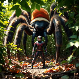 Ant-Man, in his iconic suit, is shrunk down to the size of an ant, standing boldly in front of a towering tarantula within a dense underbrush