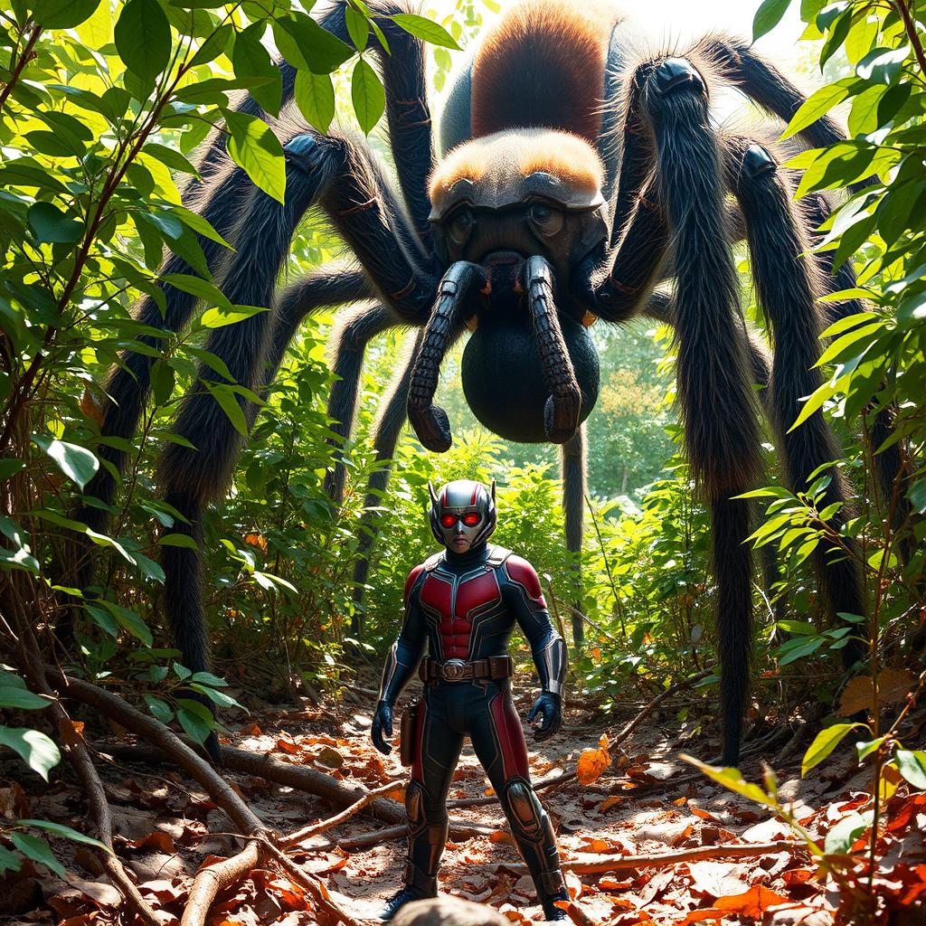 Ant-Man, in his iconic suit, is shrunk down to the size of an ant, standing boldly in front of a towering tarantula within a dense underbrush