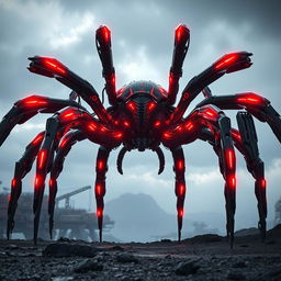 A colossal spider featuring striking red-and-black biomechanical plating, standing ominously on a futuristic landscape