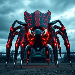 A colossal spider featuring striking red-and-black biomechanical plating, standing ominously on a futuristic landscape