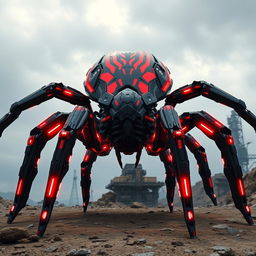 A colossal spider featuring striking red-and-black biomechanical plating, standing ominously on a futuristic landscape