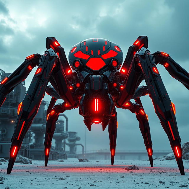 A colossal spider featuring striking red-and-black biomechanical plating, standing ominously on a futuristic landscape