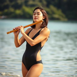 A full picture of a woman standing and playing a bamboo flute, clad in a sleek black swimsuit