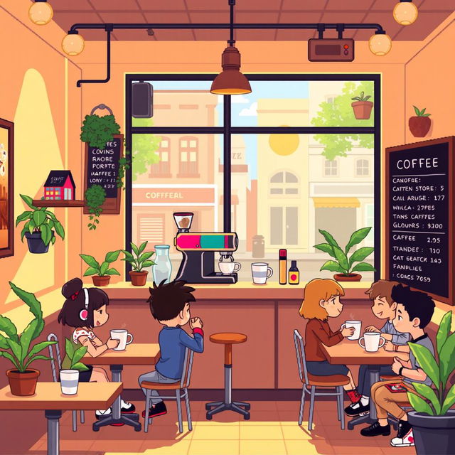 A vibrant pixel art scene featuring a cozy coffee shop