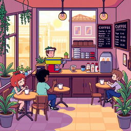 A vibrant pixel art scene featuring a cozy coffee shop