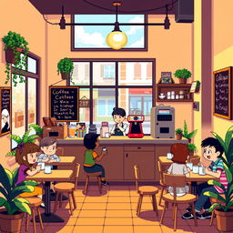 A vibrant pixel art scene featuring a cozy coffee shop