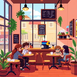 A vibrant pixel art scene featuring a cozy coffee shop