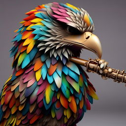 Eagle with vibrant, multi-coloured plumage playing a flute, styled in intricate Anime detailing