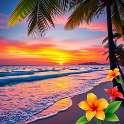 A vibrant and engaging Instagram story background featuring a serene beach at sunset, with soft waves gently lapping at the shore