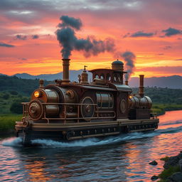 A captivating steampunk-inspired hybrid vehicle that merges the elements of a train and a watercraft