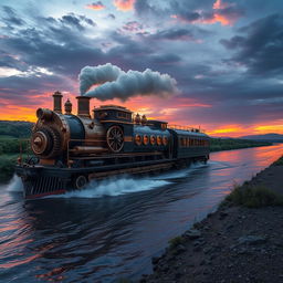 A captivating steampunk-inspired hybrid vehicle that merges the elements of a train and a watercraft