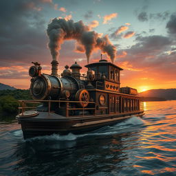 A captivating steampunk-inspired hybrid vehicle that merges the elements of a train and a watercraft