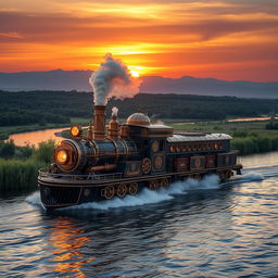 A captivating steampunk-inspired hybrid vehicle that merges the elements of a train and a watercraft