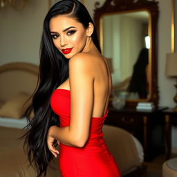 A stunning sexy girl with long flowing black hair, wearing a revealing red dress that hugs her curves perfectly