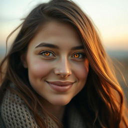 A captivating portrait of a woman with warm, fuzzy eyes that sparkle like the first light of dawn, radiating a softness and warmth that draws you in