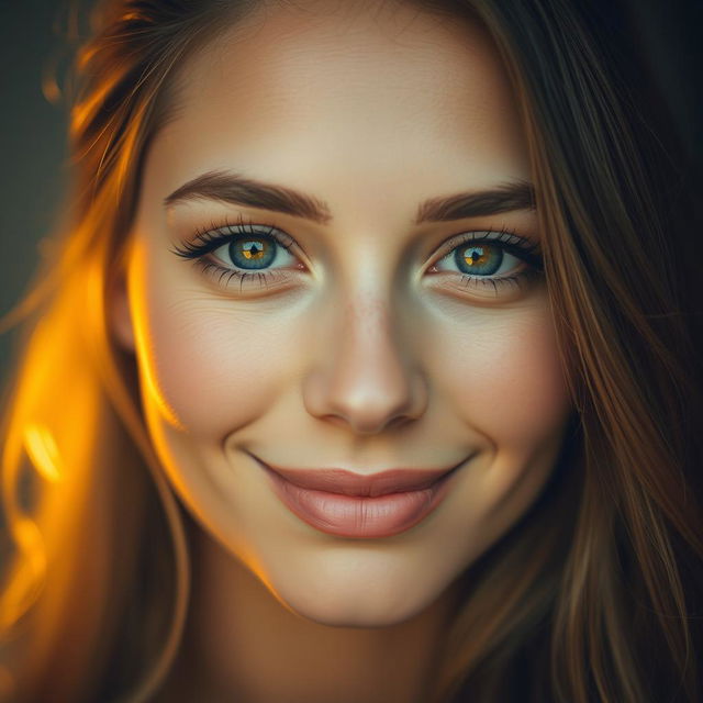 A captivating portrait of a woman with warm, fuzzy eyes that sparkle like the first light of dawn, radiating a softness and warmth that draws you in