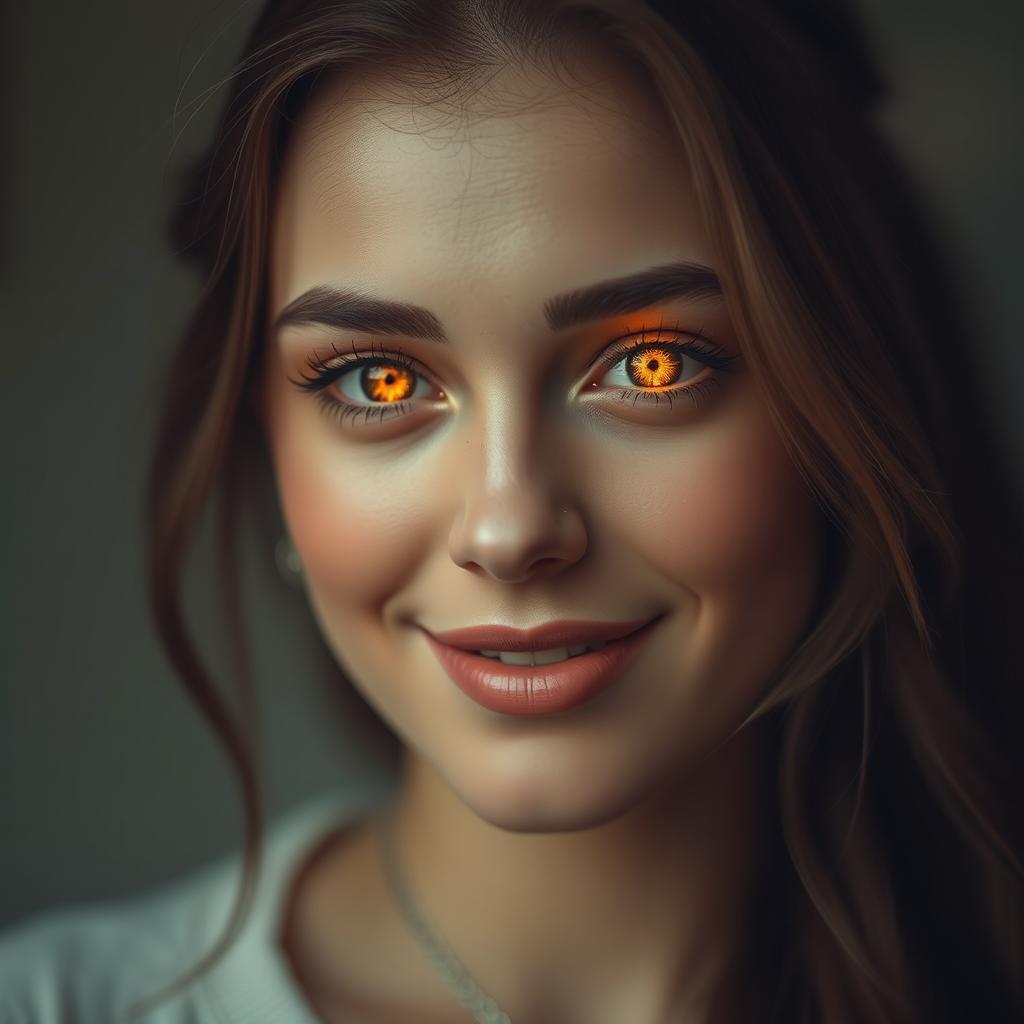 A captivating portrait of a woman with warm, fuzzy eyes that sparkle like the first light of dawn, radiating a softness and warmth that draws you in