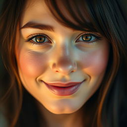A captivating portrait of a woman with warm, fuzzy eyes that sparkle like the first light of dawn, radiating a softness and warmth that draws you in