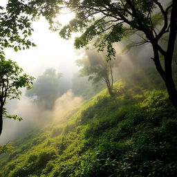 A serene hillside landscape covered in lush greenery, with trees and vibrant plants, enveloped in a soft fog that adds a mystical quality to the scene