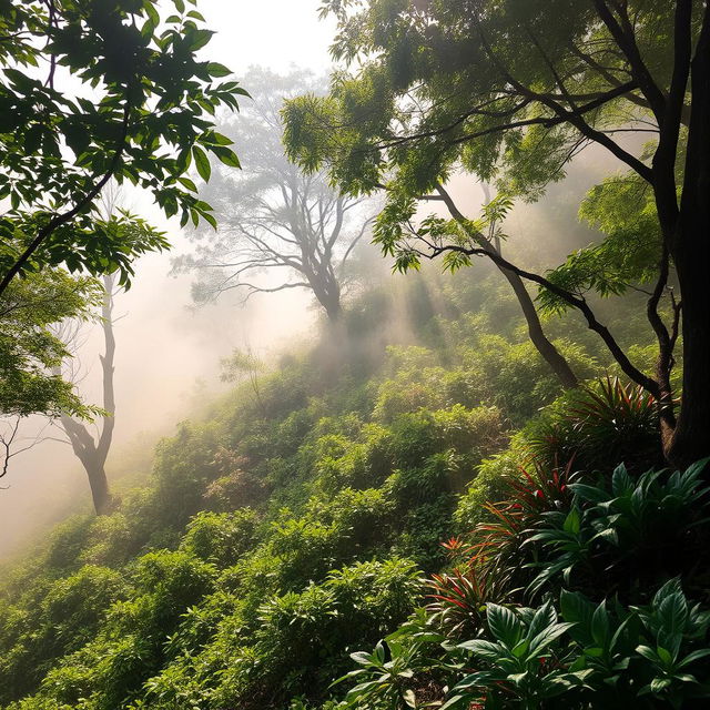 A serene hillside landscape covered in lush greenery, with trees and vibrant plants, enveloped in a soft fog that adds a mystical quality to the scene