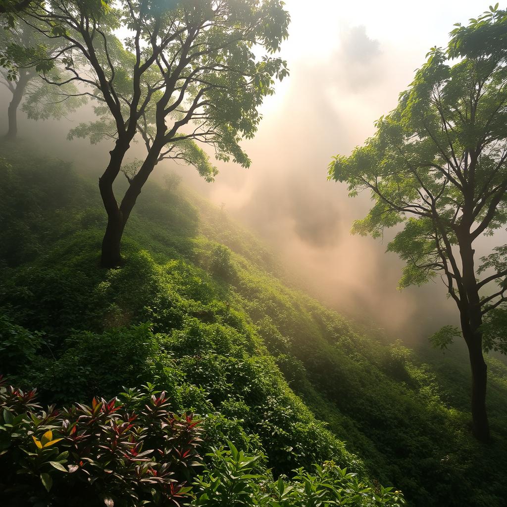 A serene hillside landscape covered in lush greenery, with trees and vibrant plants, enveloped in a soft fog that adds a mystical quality to the scene