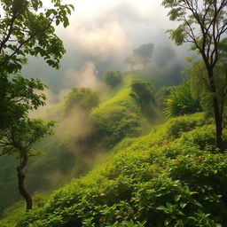 A serene hillside landscape covered in lush greenery, with trees and vibrant plants, enveloped in a soft fog that adds a mystical quality to the scene