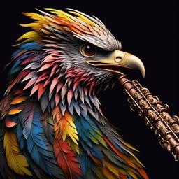 Eagle with vibrant, multi-coloured plumage playing a flute, styled in intricate Anime detailing