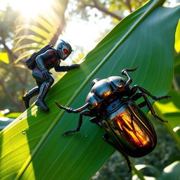 Ant-Man, in his signature suit, is depicted scaling a large green leaf, showcasing his miniature size in contrast to the natural world around him