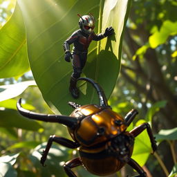 Ant-Man, in his signature suit, is depicted scaling a large green leaf, showcasing his miniature size in contrast to the natural world around him