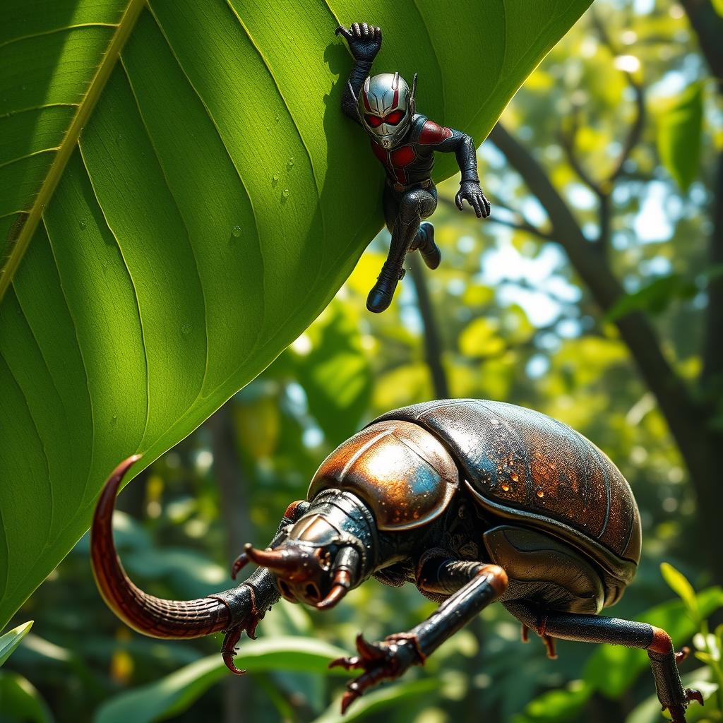 Ant-Man, in his signature suit, is depicted scaling a large green leaf, showcasing his miniature size in contrast to the natural world around him