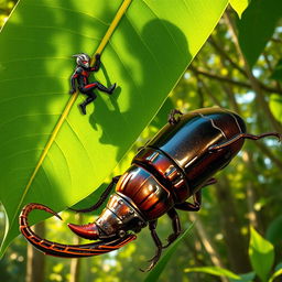 Ant-Man, in his signature suit, is depicted scaling a large green leaf, showcasing his miniature size in contrast to the natural world around him