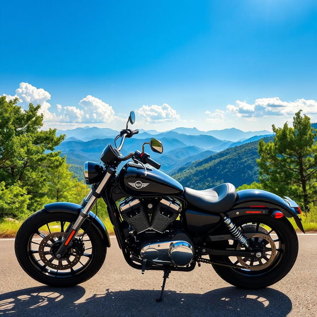 A sleek black motorcycle parked on a scenic mountain road with a breathtaking panoramic view of the mountains in the background