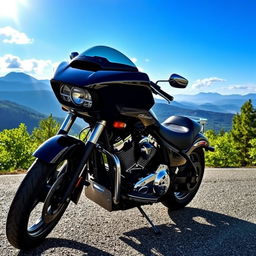 A sleek black motorcycle parked on a scenic mountain road with a breathtaking panoramic view of the mountains in the background