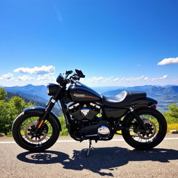 A sleek black motorcycle parked on a scenic mountain road with a breathtaking panoramic view of the mountains in the background