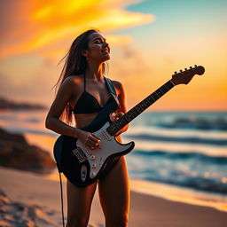 A full picture of a woman standing and playing an electric guitar, wearing a sleek black swimsuit