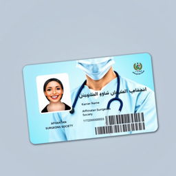 A vibrant identity card design featuring a smiling surgeon wearing surgical attire, complete with a surgical mask and cap