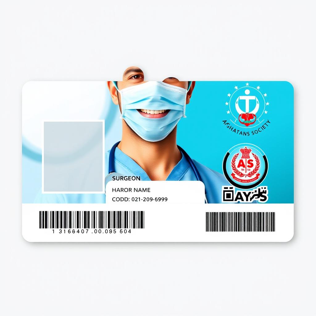 A vibrant identity card design featuring a smiling surgeon wearing surgical attire, complete with a surgical mask and cap