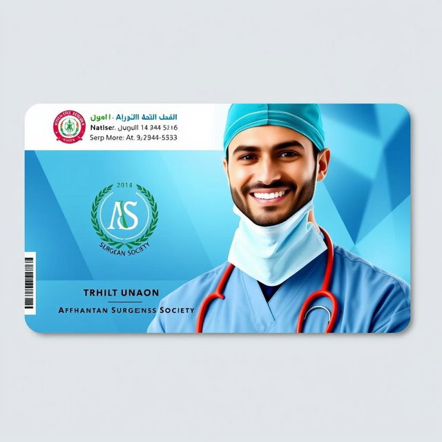 A vibrant identity card design featuring a smiling surgeon wearing surgical attire, complete with a surgical mask and cap