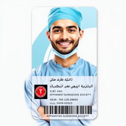 A vibrant identity card design featuring a smiling surgeon wearing surgical attire, complete with a surgical mask and cap