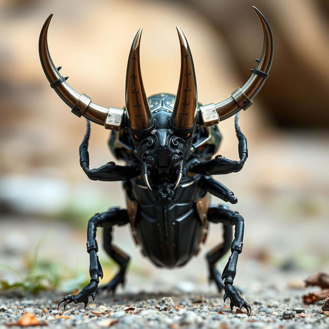 A striking rhino beetle characterized by its reinforced metallic horns, designed for power and durability, standing ready for action