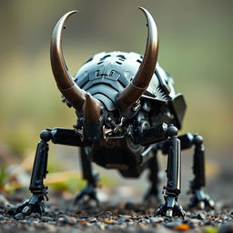 A striking rhino beetle characterized by its reinforced metallic horns, designed for power and durability, standing ready for action