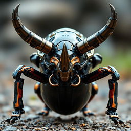 A striking rhino beetle characterized by its reinforced metallic horns, designed for power and durability, standing ready for action